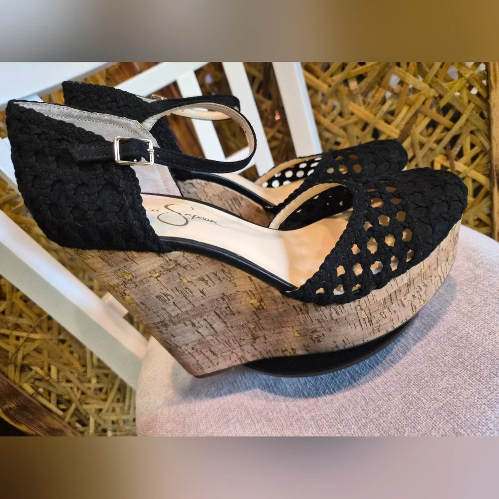 Jessica Simpson Black and Tan Wedge Shoes